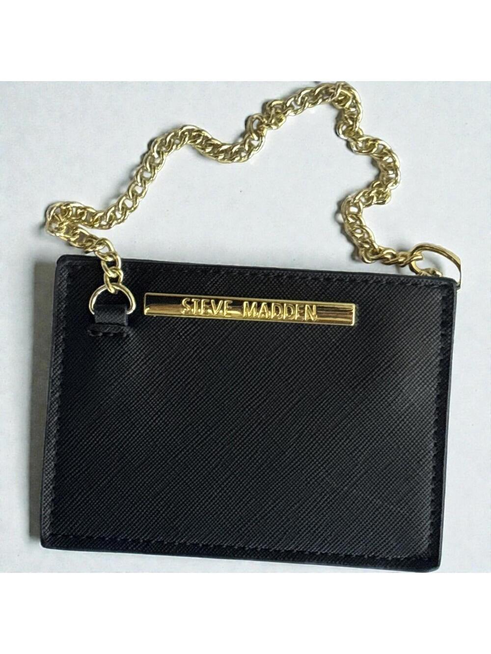 Steve Madden Wristlet Card Holder Wallet Keychain Bag Black Gold Tone Chain